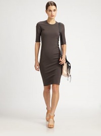 A sleek silhouette lends urban attitude to this fitted design with elbow-length sleeves and contour seaming. RoundneckElbow-length sleevesBack hook-and-eye closureInvisible back zipperAbout 21 from natural waistViscose/polyamide/elastaneDry cleanImported of Italian fabricModel shown is 5'10 (177cm) wearing US size 4. A sleek silhouette lends urban attitude to this fitted design with elbow-length sleeves and contour seaming. RoundneckElbow-length sleevesBack hook-and-eye closureInvisible back zipperAbout 21 from natural waistViscose/polyamide/elastaneDry cleanImported of Italian fabricModel shown is 5'10 (177cm) wearing US size 4.