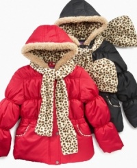 Leopard-print accents throughout this set give her style a fierce look – this Pink Platinum puffer jacket, including a hat and scarf will keep her warm this winter. Leopard-print accents throughout this set give her style a fierce look – this Pink Platinum puffer jacket, including a hat and scarf will keep her warm this winter.