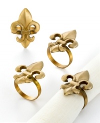 Refine dining with Fleur de Lis napkin rings by Excell. The famous French lily bestows a classic elegance on any table, in solid brass with a brushed gold finish. Refine dining with Fleur de Lis napkin rings by Excell. The famous French lily bestows a classic elegance on any table, in solid brass with a brushed gold finish.