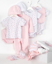 Start her off with this sugary sweet 22-piece set from Kyle & Deena for essentials that up the fabulous factor. Included: 1 footed coverall; 1 diaper cover; 3 pairs of socks; 2 caps; 1 hooded towel; 2 short-sleeved bodysuits; 2 bibs; 2 pairs of mittens; 1 short-sleeved tee; 6 washcloths and 1 pair of booties. Start her off with this sugary sweet 22-piece set from Kyle & Deena for essentials that up the fabulous factor. Included: 1 footed coverall; 1 diaper cover; 3 pairs of socks; 2 caps; 1 hooded towel; 2 short-sleeved bodysuits; 2 bibs; 2 pairs of mittens; 1 short-sleeved tee; 6 washcloths and 1 pair of booties.