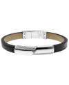 Love for Armani. This Emporio Armani men's logo bracelet is designed for the modern man. Crafted in black leather with a polished stainless steel textured accent with logo. Removable adjustable closure. Approximate length: 7-1/4 inches.