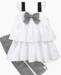 Getting her ready is as simple as black and white with this bold ruffle dress and legging set from Kids Headquarters. Getting her ready is as simple as black and white with this bold ruffle dress and legging set from Kids Headquarters.