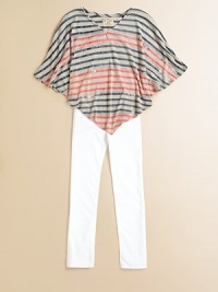 This colorful, striped poncho with asymmetrical hem is sure to be one of her favorites.V-neckShort poncho sleevesPullover styleAsymmetrical hem80% polyester/20% rayonMachine washMade in the USA This colorful, striped poncho with asymmetrical hem is sure to be one of her favorites.V-neckShort poncho sleevesPullover styleAsymmetrical hem80% polyester/20% rayonMachine washMade in the USA