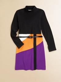 Unique colorblock construction adds a splash of color to this mock neck style; completed with a belted waist for a polished look. Mock neck Belted waist Back zip closure 95% cotton/5% spandex Fully lined skirt Machine wash Imported Unique colorblock construction adds a splash of color to this mock neck style; completed with a belted waist for a polished look. Mock neck Belted waist Back zip closure 95% cotton/5% spandex Fully lined skirt Machine wash Imported