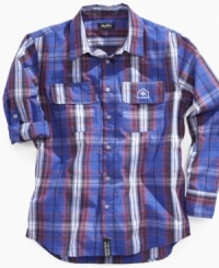 Easily pick him out of a crowd with this popping plaid shirt from LRG. Easily pick him out of a crowd with this popping plaid shirt from LRG.