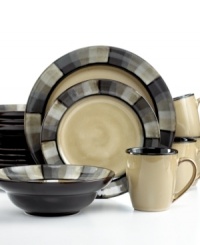 Effortlessly stylish, the Horizon Grey dinnerware set is striped with handsome neutrals and reactive glaze for a table setting that's literally one of a kind. Featuring hardy stoneware from Mikasa. Effortlessly stylish, the Horizon Grey dinnerware set is striped with handsome neutrals and reactive glaze for a table setting that's literally one of a kind. Featuring hardy stoneware from Mikasa.
