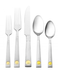 The Maya flatware set by Hampton Forge is simply striking with its bright yellow sun at the base of the handle. Detailed with etched lines that call attention to the beautiful proportion of the set, it's ideal for casual yet sophisticated table settings. The Maya flatware set by Hampton Forge is simply striking with its bright yellow sun at the base of the handle. Detailed with etched lines that call attention to the beautiful proportion of the set, it's ideal for casual yet sophisticated table settings.