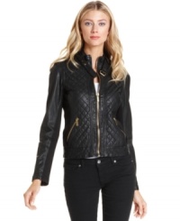 This statement-making leather jacket from MICHAEL Michael Kors features quilted leather and chic knit insets at the sleeves for a soft, flattering fit. This statement-making leather jacket from MICHAEL Michael Kors features quilted leather and chic knit insets at the sleeves for a soft, flattering fit.