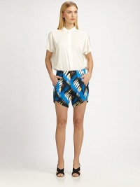 An abstracted, kinetic print decorates this soft silk design.Front dartsSide slash pocketsAsymmetrical cuffsBack elastic waistInseam, about 693% silk/7% spandexDry cleanMade in USA of Italian fabricModel shown is 5'10½(179cm) wearing US size 4. An abstracted, kinetic print decorates this soft silk design.Front dartsSide slash pocketsAsymmetrical cuffsBack elastic waistInseam, about 693% silk/7% spandexDry cleanMade in USA of Italian fabricModel shown is 5'10½(179cm) wearing US size 4.