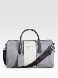 Premiere craftsmanship and design in perforated saffiano leather with logo plate and leather luggage tag details. Adjustable nylon shoulder strap Top leather handles Zip top closure Interior zip pocket Fully lined 17W X 10¼H X 9¾D Made in Italy Premiere craftsmanship and design in perforated saffiano leather with logo plate and leather luggage tag details. Adjustable nylon shoulder strap Top leather handles Zip top closure Interior zip pocket Fully lined 17W X 10¼H X 9¾D Made in Italy