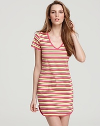 A soft short sleeve nightdress in a colorful stripe print from Calvin Klein. A soft short sleeve nightdress in a colorful stripe print from Calvin Klein.
