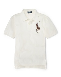A short-sleeved polo shirt is cut in soft, breathable cotton mesh with a multicolored embroidered Big Pony for a classic look. A short-sleeved polo shirt is cut in soft, breathable cotton mesh with a multicolored embroidered Big Pony for a classic look.