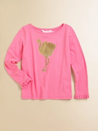 A golden flamingo sparkles the front of this soft knit tee, dressed up with ruffled cuffs.BoatneckLong sleeves with ruffled cuffsCotton/ModalMachine washImported A golden flamingo sparkles the front of this soft knit tee, dressed up with ruffled cuffs.BoatneckLong sleeves with ruffled cuffsCotton/ModalMachine washImported