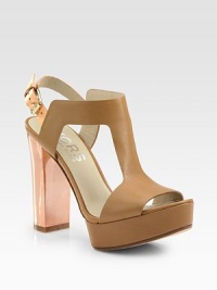 Rich, structured leather t-strap with an adjustable metallic ankle strap and glossy patent leather heel. Patent leather-covered heel, 5 (125mm)Covered platform, 1 (25mm)Compares to a 4 heel (100mm)Leather and metallic leather upperLeather liningBuffed leather solePadded insoleImported Rich, structured leather t-strap with an adjustable metallic ankle strap and glossy patent leather heel. Patent leather-covered heel, 5 (125mm)Covered platform, 1 (25mm)Compares to a 4 heel (100mm)Leather and metallic leather upperLeather liningBuffed leather solePadded insoleImported