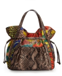 Escape the ordinary with the haute hues and daring animal print accents on this Brasil-inspired design from FALCHI by Falchi. A spacious interior and free-spirited drawstring silhouette make this bag the ideal warm weather style. Escape the ordinary with the haute hues and daring animal print accents on this Brasil-inspired design from FALCHI by Falchi. A spacious interior and free-spirited drawstring silhouette make this bag the ideal warm weather style.