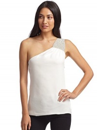THE LOOKOne shoulder with rhinestone detailsSide zip closureDraped bodiceTHE FITAbout 25 from shoulder to longest point of hemTHE MATERIALSilkCARE & ORIGINHand washMade in USA THE LOOKOne shoulder with rhinestone detailsSide zip closureDraped bodiceTHE FITAbout 25 from shoulder to longest point of hemTHE MATERIALSilkCARE & ORIGINHand washMade in USA