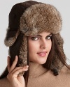 Surrell's stylish quilted aviator hat features dyed fur ears and a flip-up brim.