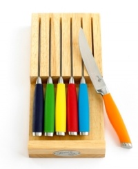 Spice up your favorite meats with steak knives in bold Fiesta colors. Easy-grip rubber handles and serrated blades make slicing and dicing a cinch. With a matching in-drawer block, this set is a bright idea for the kitchen, too. Spice up your favorite meats with steak knives in bold Fiesta colors. Easy-grip rubber handles and serrated blades make slicing and dicing a cinch. With a matching in-drawer block, this set is a bright idea for the kitchen, too.