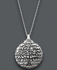 Keep family close to your heart always. This symbolic tree pendant features the words The Roots of a Family Tree Begin with the Love of Two Hearts engraved on the surface. Crafted in sterling silver. Approximate length: 16 inches. Approximate drop: 1 inch.