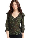 THE LOOKV-neckline with ruffle detailsPullover styleThree-quarter length button cuff sleeves with ruffle details Floral printTHE FITAbout 22 from shoulder to hemTHE MATERIALSilkCARE & ORIGINDry clean ImportedModel shown is 5'9½ (176cm) wearing US size 4. 