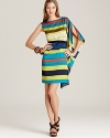 Potently hued stripes tell a bold color story on this Max & Cleo dress, flourished with a cascading sleeve and finished with a belt.