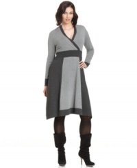 Stay warm and stylish this season with Alfani's plus size sweater dress, highlighted by a colorblocked pattern. Stay warm and stylish this season with Alfani's plus size sweater dress, highlighted by a colorblocked pattern.