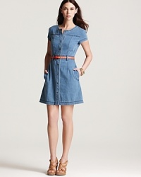 A fitted Theory shirt dress is a charming take on the denim trend, flaunting cap sleeves and a full skirt for feminine flair.