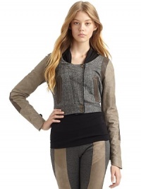 THE LOOKWoven tweed with draped knit collarSnap flap over front zipperLeather trim at shoulders, sleeves and front slant pocketsAngled slit cuffs with snap tabsTHE FITAbout 16½ from shoulder to hemTHE MATERIAL53% wool/34% polyester/7% acrylic/6% other fibersLeather trimCotton liningCARE & ORIGINDry clean by leather professionalImportedOUR FIT MODEL RECOMMENDS ordering one size up as this style runs small. THE LOOKWoven tweed with draped knit collarSnap flap over front zipperLeather trim at shoulders, sleeves and front slant pocketsAngled slit cuffs with snap tabsTHE FITAbout 16½ from shoulder to hemTHE MATERIAL53% wool/34% polyester/7% acrylic/6% other fibersLeather trimCotton liningCARE & ORIGINDry clean by leather professionalImportedOUR FIT MODEL RECOMMENDS ordering one size up as this style runs small.