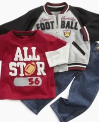 He'll score big cuteness points in this varsity football jacket, tee and jeans set by Nannette. He'll score big cuteness points in this varsity football jacket, tee and jeans set by Nannette.