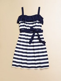 Shoulder ruffles dazzle up this darling, lightweight knit dress.Off-the-shoulder sleevesPull-on styleElastic waist with removable sashStripe: 69% polyester/16% cotton/5% spandexSolid: 95% rayon/5% spandexMachine washMade in USA Shoulder ruffles dazzle up this darling, lightweight knit dress.Off-the-shoulder sleevesPull-on styleElastic waist with removable sashStripe: 69% polyester/16% cotton/5% spandexSolid: 95% rayon/5% spandexMachine washMade in USA