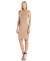 Calvin Klein's mock-neck sheath is precision-cut and adorned with shiny gold buttons at the shoulder. (Clearance)