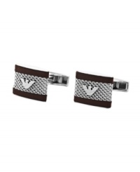 You're a sophisticated male who knows it's all in the details. Accent your wardrobe with modern cuff links by Emporio Armani that highlight the traditional eagle logo. Crafted in stainless steel mesh and brown leather. You're a sophisticated male who knows it's all in the details. Accent your wardrobe with modern cuff links by Emporio Armani that highlight the traditional eagle logo. Crafted in stainless steel mesh and brown leather.
