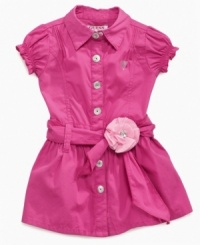 Add a punch of pretty pink to her closet with this sweetly detailed belted shirtdress from Guess. Add a punch of pretty pink to her closet with this sweetly detailed belted shirtdress from Guess.