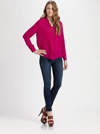Button-down shirt of pure, whisper-weight silk with a single front patch pocket and length that hits below the hips. V-neckButton frontLong sleeves with buttoned cuffsFront patch pocketLonger length hits below the hipsSilkDry cleanImportedModel shown is 5'10 (177cm) wearing US size Small. Button-down shirt of pure, whisper-weight silk with a single front patch pocket and length that hits below the hips. V-neckButton frontLong sleeves with buttoned cuffsFront patch pocketLonger length hits below the hipsSilkDry cleanImportedModel shown is 5'10 (177cm) wearing US size Small.