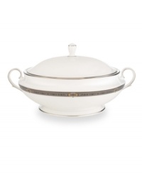The Vintage Jewel pattern from Lenox's dinnerware and dishes collection evokes a more gracious era, combining white bone china with a dark, richly patterned band accented with subtle touches of cobalt blue. The Vintage Jewel pattern from Lenox's dinnerware and dishes collection evokes a more gracious era, combining white bone china with a dark, richly patterned band accented with subtle touches of cobalt blue.