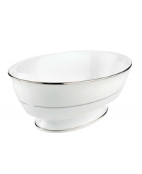 A sweet lace pattern combines with platinum borders to add graceful elegance to your tabletop. The classic shape and pristine white shade make this open vegetable bowl a timeless addition to any meal. From Lenox's dinnerware and dishes collection. A sweet lace pattern combines with platinum borders to add graceful elegance to your tabletop. The classic shape and pristine white shade make this open vegetable bowl a timeless addition to any meal. From Lenox's dinnerware and dishes collection.