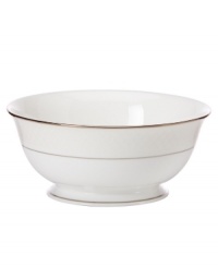 A sweet lace pattern combines with platinum borders to add graceful elegance to your tabletop. The classic shape and pristine white shade make this serving bowl a timeless addition to any meal. From Lenox's collection of dinnerware and dishes. A sweet lace pattern combines with platinum borders to add graceful elegance to your tabletop. The classic shape and pristine white shade make this serving bowl a timeless addition to any meal. From Lenox's collection of dinnerware and dishes.