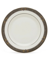 For nearly 150 years, Lenox has been renowned throughout the world as a premier designer and manufacturer of fine china. The Vintage Jewel pattern from Lenox's dinnerware and dishes collection evokes a more gracious era, combining pure white bone china with a dark, richly patterned band of muted gold, taupe, charcoal, and black, and accented with subtle touches of cobalt blue. For nearly 150 years, Lenox has been renowned throughout the world as a premier designer and manufacturer of fine china. The Vintage Jewel pattern from Lenox's dinnerware and dishes collection evokes a more gracious era, combining pure white bone china with a dark, richly patterned band of muted gold, taupe, charcoal, and black, and accented with subtle touches of cobalt blue.