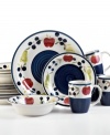 A tasty collection of painted blueberries, apples and pears offer a country-inspired design upon durable stoneware from Gibson. Countered with bands of dark blue, the Granada Fruits dinnerware set is incredibly charming.