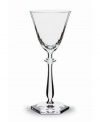With a thin, regal shape that flows up from a sturdy, hexagonal base to a pedestal decoration at the neck, the Arcade water goblet is as delicate and tough as the most proper royalty.