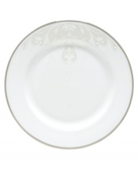 Refine your formal table with classic cream and white. Trimmed in platinum and accented with a raised dot and scroll pattern, this china dinnerware brings contemporary grace to special occasions. A pearlized finish adds subtle shimmer. Refine your formal table with classic cream and white. Trimmed in platinum and accented with a raised dot and scroll pattern, this china dinnerware brings contemporary grace to special occasions. A pearlized finish adds subtle shimmer.
