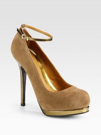 Muted gold leather accents and a thin ankle strap add modern style to this platform design of sumptuous suede. Metallic leather heel, 5 (125mm)Metallic leather platform, 1½ (40mm)Compares to a 3½ heel (90mm)Suede upper with a metallic leather adjustable ankle strapLeather lining and solePadded insoleMade in ItalyOUR FIT MODEL RECOMMENDS ordering one size up as this style runs small. Muted gold leather accents and a thin ankle strap add modern style to this platform design of sumptuous suede. Metallic leather heel, 5 (125mm)Metallic leather platform, 1½ (40mm)Compares to a 3½ heel (90mm)Suede upper with a metallic leather adjustable ankle strapLeather lining and solePadded insoleMade in ItalyOUR FIT MODEL RECOMMENDS ordering one size up as this style runs small.
