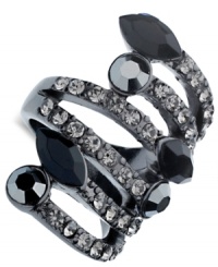 Futuristic finger fashion. This wrap ring from GUESS is crafted from hematite-tone mixed metal with glass crystal stones adding to the postmodern appeal. Size 8. Futuristic finger fashion. This wrap ring from GUESS is crafted from hematite-tone mixed metal with glass crystal stones adding to the postmodern appeal. Size 8.