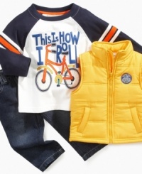 He'll be rolling in adorable style when he wears this cycle print tee, jeans and puffer vest by Kids Headquarters. He'll be rolling in adorable style when he wears this cycle print tee, jeans and puffer vest by Kids Headquarters.