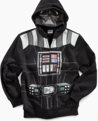 He can dress up like he's on the dark side with this Darth Vader hoodie, which includes a face mask just like Darth's. He can dress up like he's on the dark side with this Darth Vader hoodie, which includes a face mask just like Darth's.