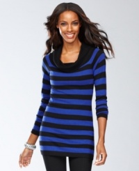 A touch of cashmere knit into the fabric gives INC's tunic sweater an extra-soft, totally luxurious feel. Bold stripes offset the draped cowl neckline for a unique mix of preppy and pretty. A touch of cashmere knit into the fabric gives INC's tunic sweater an extra-soft, totally luxurious feel. Bold stripes offset the draped cowl neckline for a unique mix of preppy and pretty.