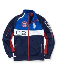 A signature Big Pony and Olympic details add a pop of color to this full-zip microfiber fleece track jacket, celebrating Team USA's participation in the 2012 Olympics. A signature Big Pony and Olympic details add a pop of color to this full-zip microfiber fleece track jacket, celebrating Team USA's participation in the 2012 Olympics.