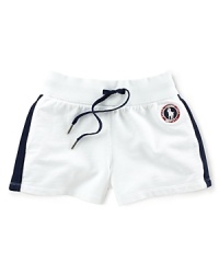 This preppy short from the Official Outfitter of the 2012 United States Olympic Team features a signature Ralph Lauren pony emblem and side-stream stripes. This preppy short from the Official Outfitter of the 2012 United States Olympic Team features a signature Ralph Lauren pony emblem and side-stream stripes.