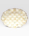 This remarkably unique platter, in hand-painted terra cotta with color-dragged checks and golden trim, creates an ultra-glamorous presentation piece for your guests.Ceramic with golden lustre16 X 22Hand washMade in the USA