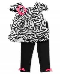 She'll be chic and trendy in this zebra mesh ruffle top and legging set by Rare Editions. She'll be chic and trendy in this zebra mesh ruffle top and legging set by Rare Editions.